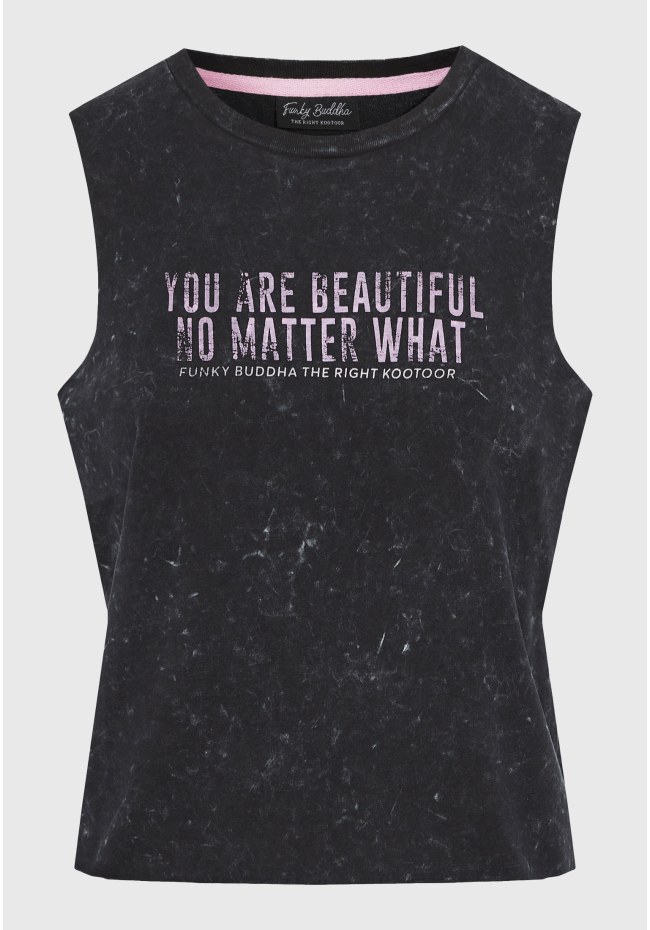 Women's garment dyed tank top with text artwork print