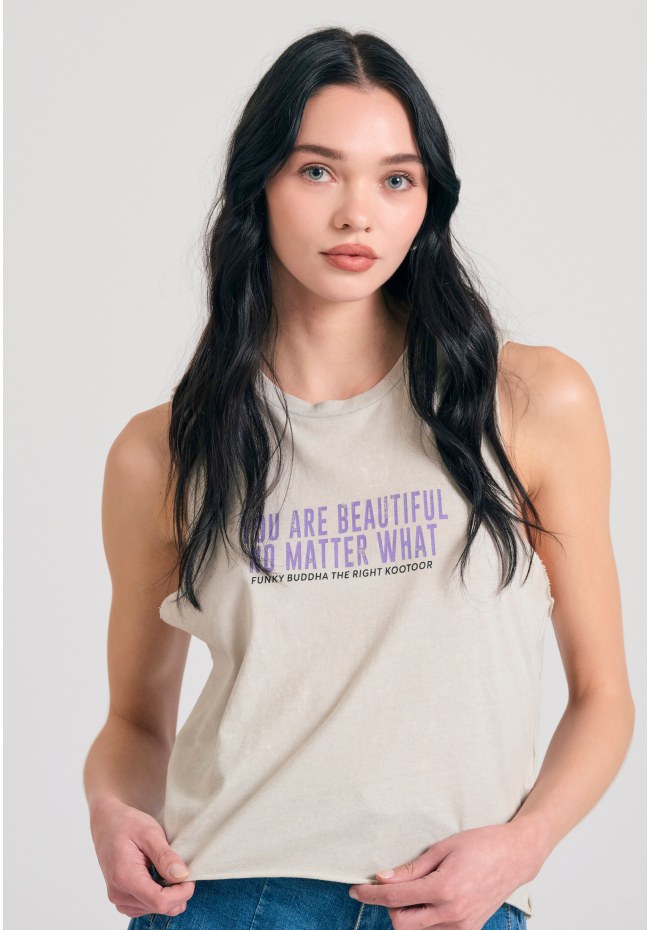 Women's garment dyed tank top with text artwork print