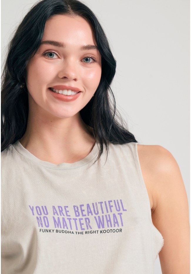 Women's garment dyed tank top with text artwork print