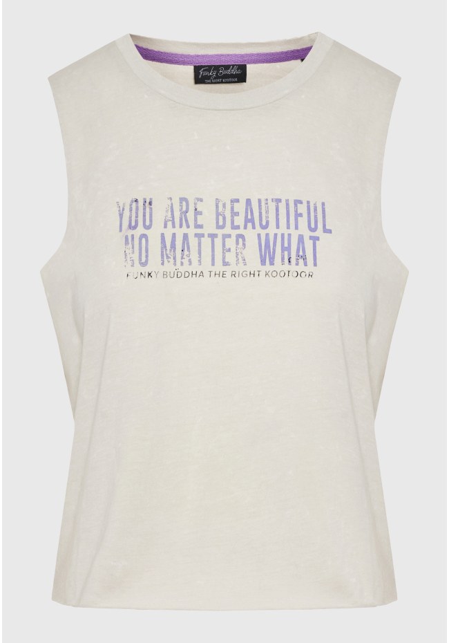 Women's garment dyed tank top with text artwork print