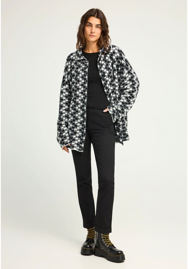 Women's checked cardigan with plush texture