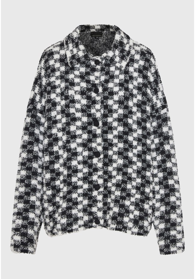 Women's checked cardigan with plush texture