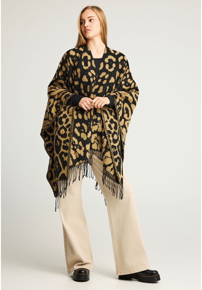 Γυναικεία κάπα με animal print μοτίβο και κρόσσια