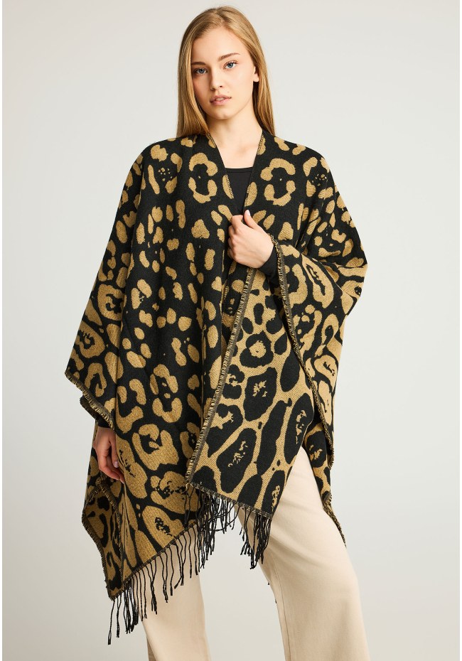 Γυναικεία κάπα με animal print μοτίβο και κρόσσια