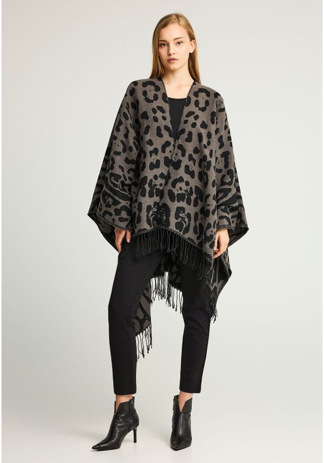 Γυναικεία κάπα με animal print μοτίβο και κρόσσια