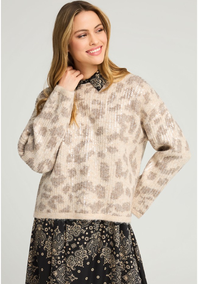 Knitted sequinned pullover with animal print