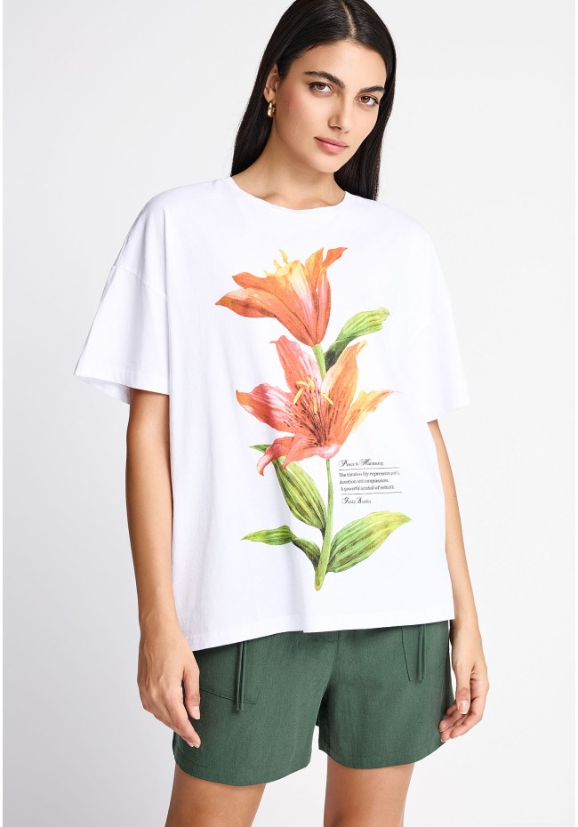 Γυναικείο βαμβακερό loose t-shirt με τύπωμα