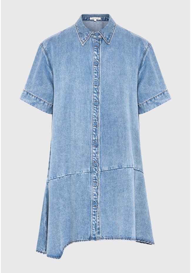 Γυναικείο relaxed denim φόρεμα με ασύμμετρο τελειώμα