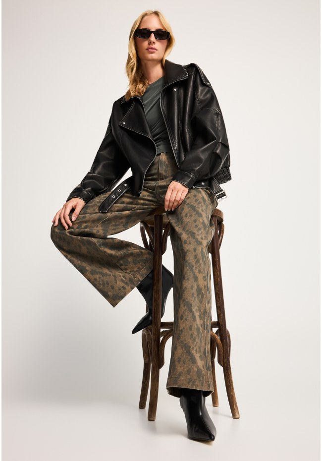 Ψηλόμεσο animal print τζιν παντελόνι wide leg