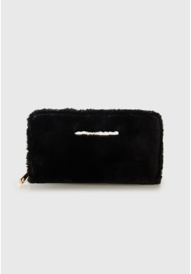 Faux fur wallet with zip-around closure