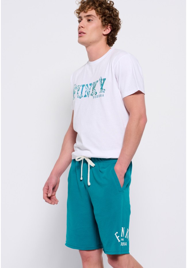 Jogger shorts with branded print & raw edges