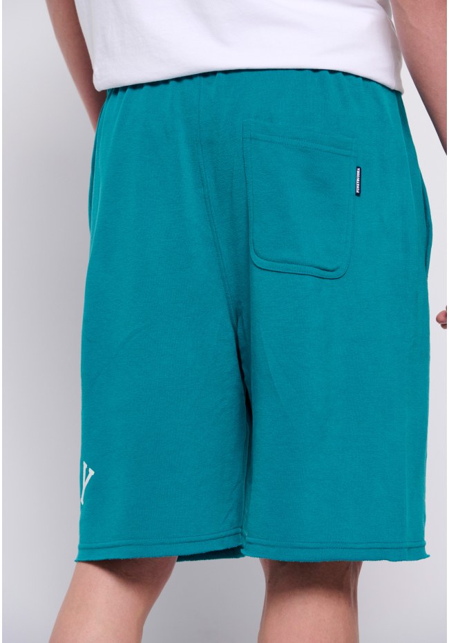 Jogger shorts with branded print & raw edges