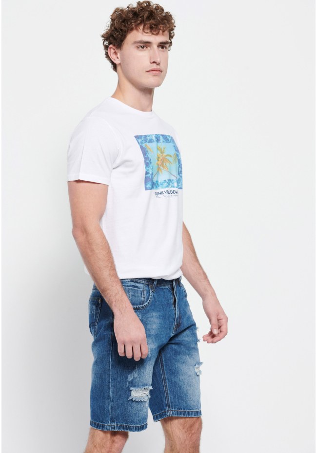 Denim shorts with destroyed effects