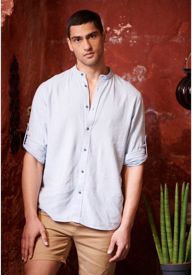 Linen blend mao neck shirt