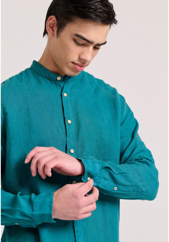 Mao neck garment dyed linen shirt