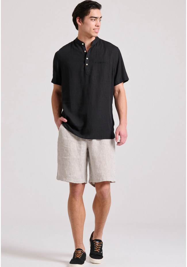 Relaxed fit linen blend short-sleeve shirt with mao neck
