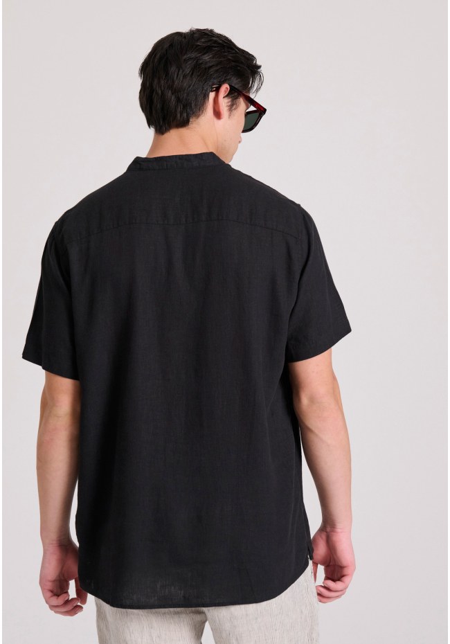 Relaxed fit linen blend short-sleeve shirt with mao neck
