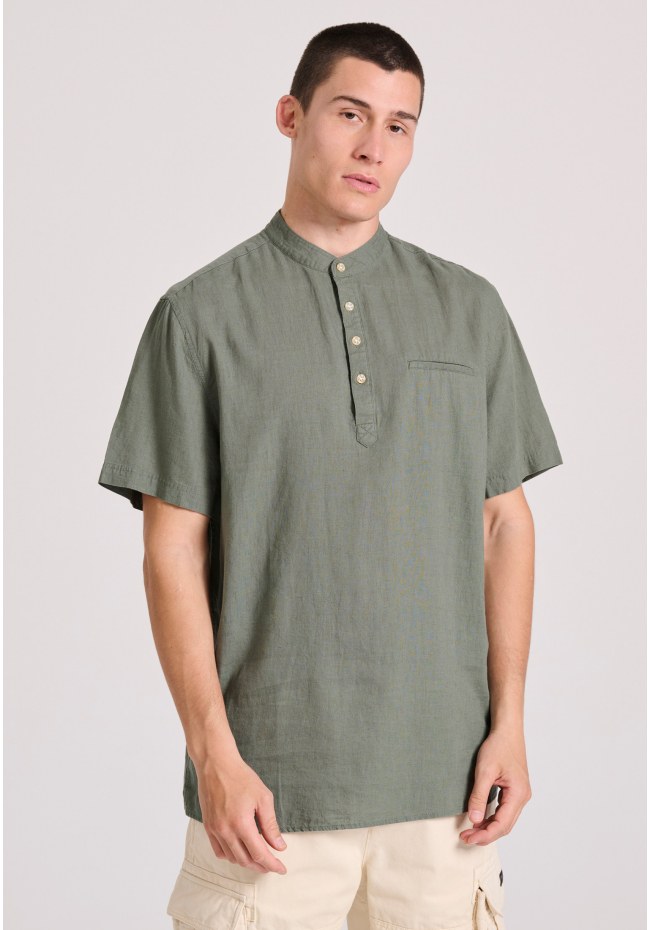 Relaxed fit linen blend κοντομάνικη πουκαμίσα με λαιμό mao