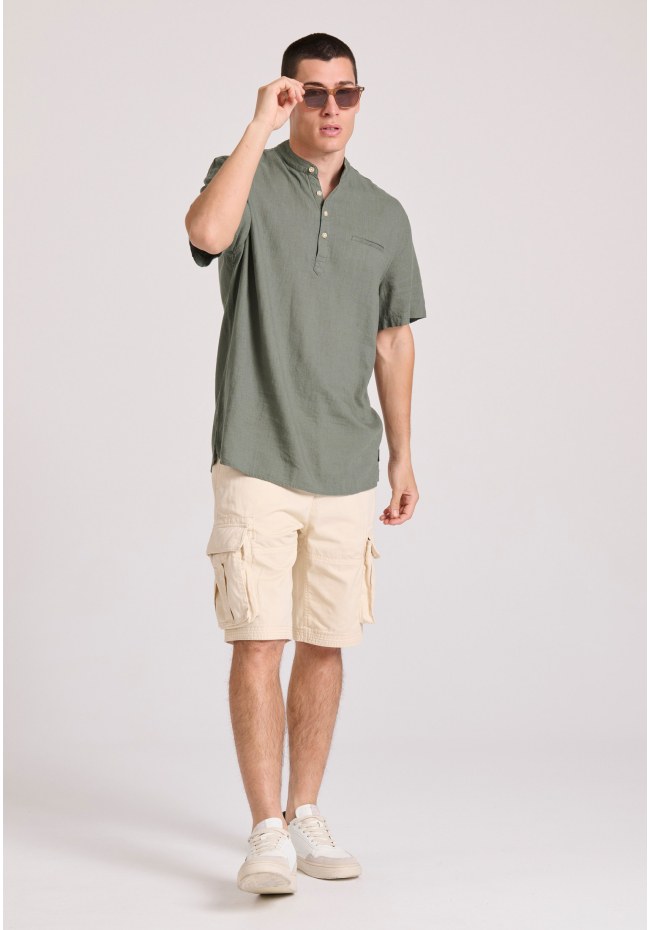 Relaxed fit linen blend κοντομάνικη πουκαμίσα με λαιμό mao