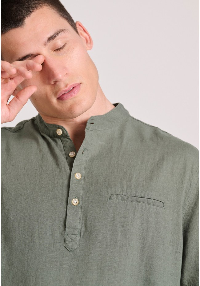 Relaxed fit linen blend κοντομάνικη πουκαμίσα με λαιμό mao