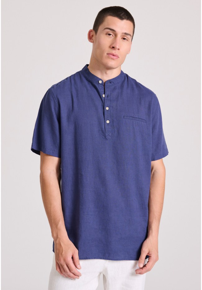 Relaxed fit linen blend short-sleeve shirt with mao neck