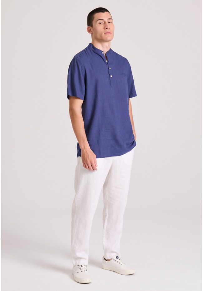 Relaxed fit linen blend short-sleeve shirt with mao neck