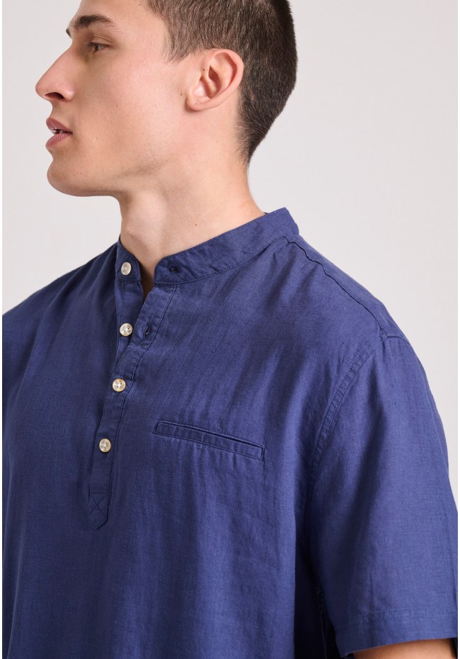 Relaxed fit linen blend short-sleeve shirt with mao neck