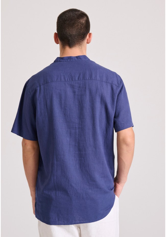 Relaxed fit linen blend short-sleeve shirt with mao neck