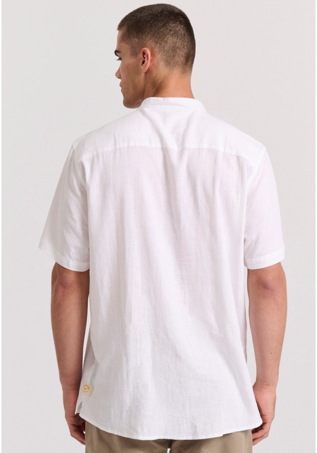 Relaxed fit linen blend short-sleeve shirt with mao neck