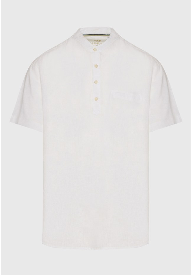 Relaxed fit linen blend short-sleeve shirt with mao neck