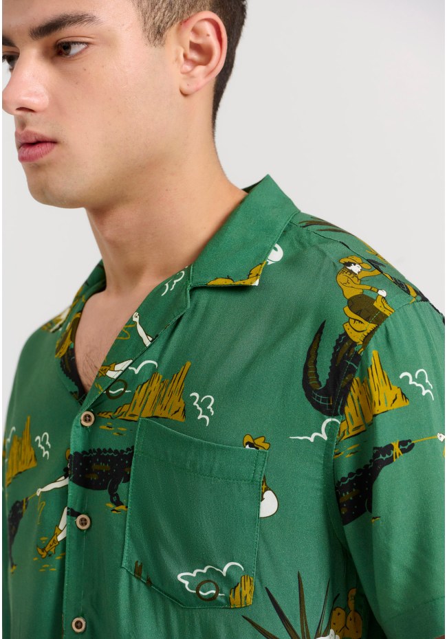 Short-sleeve all over printed relaxed fit rayon shirt