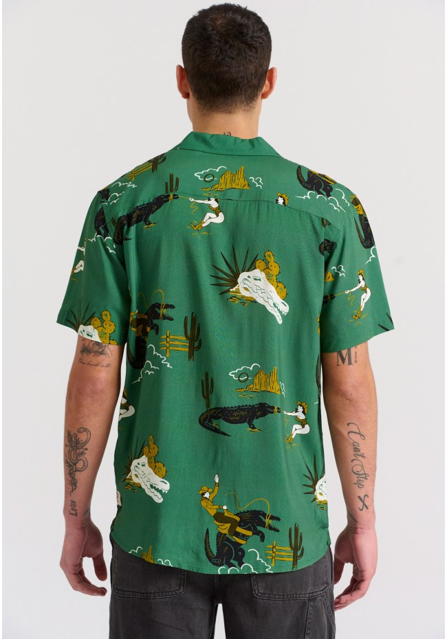 Short-sleeve all over printed relaxed fit rayon shirt