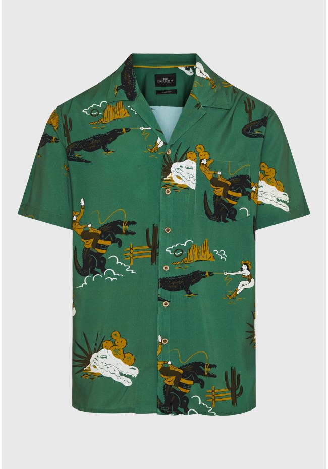 Short-sleeve all over printed relaxed fit rayon shirt
