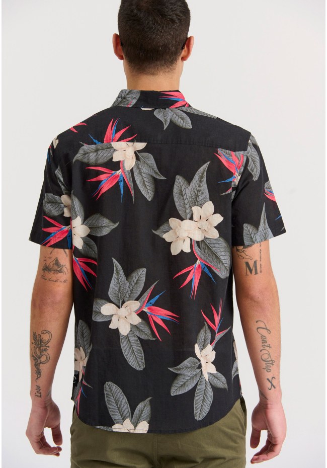 Short-sleev all over printed linen blend shirt