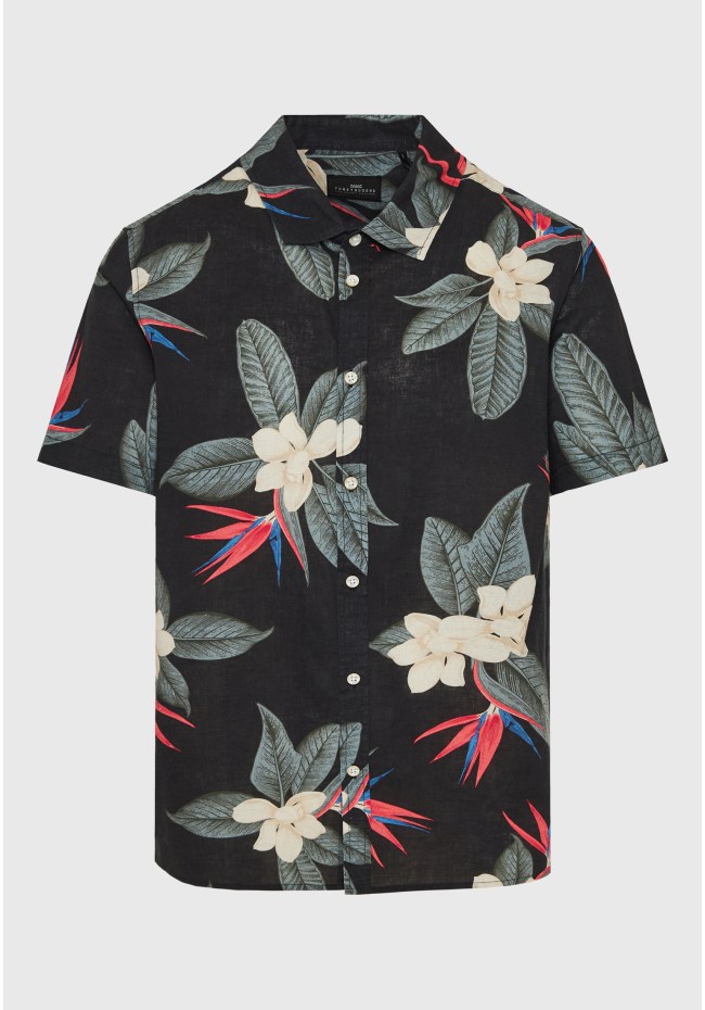 Short-sleev all over printed linen blend shirt