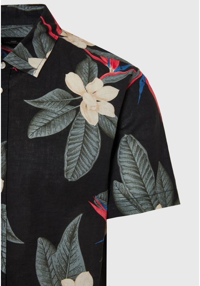 Short-sleev all over printed linen blend shirt