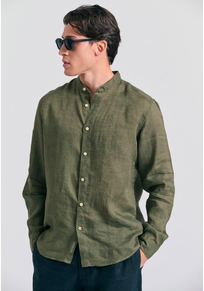Garment dyed λινό πουκάμισο με λαιμό mao