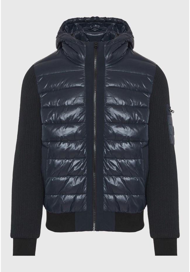 Ανδρικό puffer μπουφάν με κουκούλα και πλεκτά μανίκια