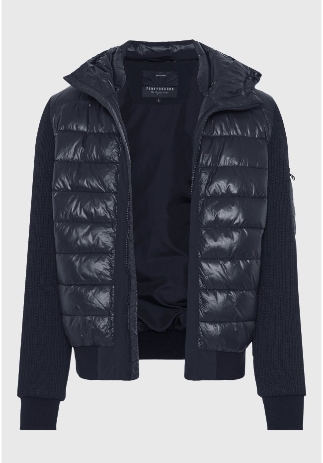 Ανδρικό puffer μπουφάν με κουκούλα και πλεκτά μανίκια