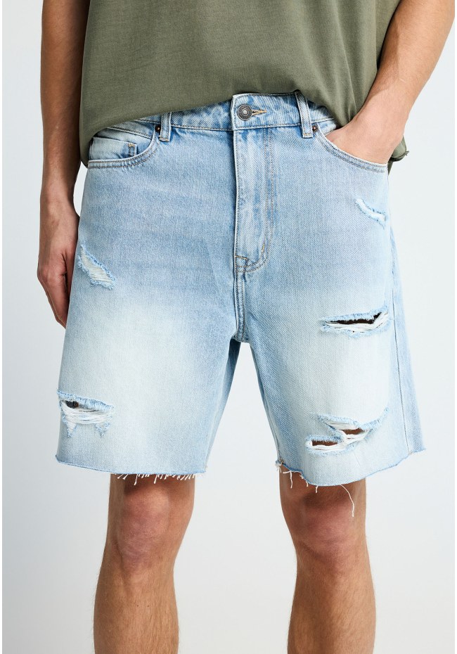 Men's baggy denim shorts with destroyed effects