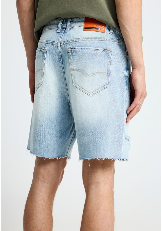 Men's baggy denim shorts with destroyed effects