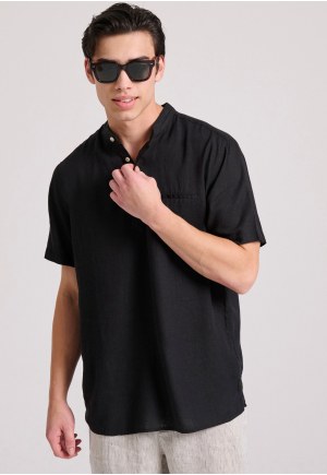 Relaxed fit linen blend short-sleeve shirt with mao neck