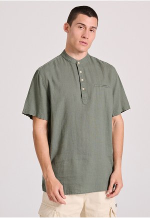 Relaxed fit linen blend κοντομάνικη πουκαμίσα με λαιμό mao