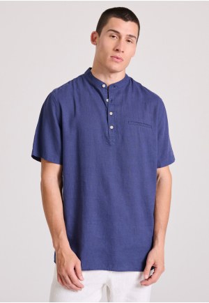 Relaxed fit linen blend short-sleeve shirt with mao neck