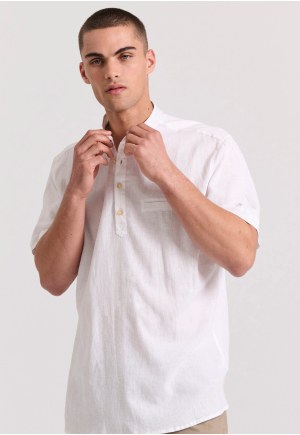 Relaxed fit linen blend short-sleeve shirt with mao neck