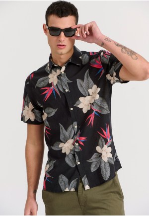 Short-sleev all over printed linen blend shirt