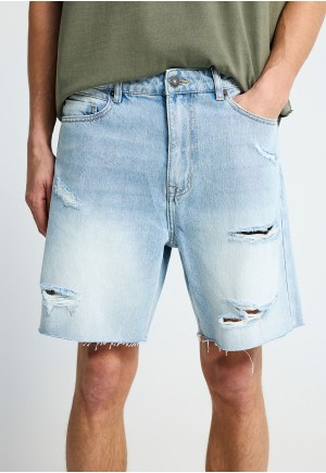 Men's baggy denim shorts with destroyed effects