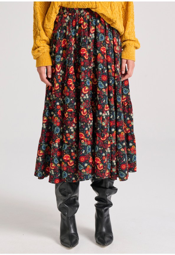 Midi εμπριμέ φούστα με βολάν