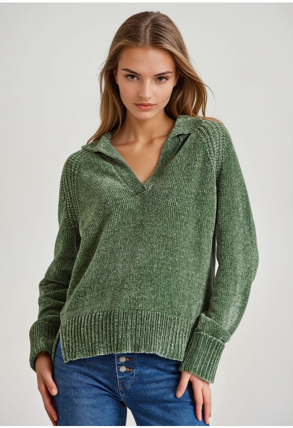V-neck chenille sweater with folded sleeves