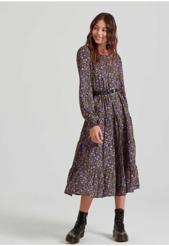 Floral μίντι φόρεμα με βολάν